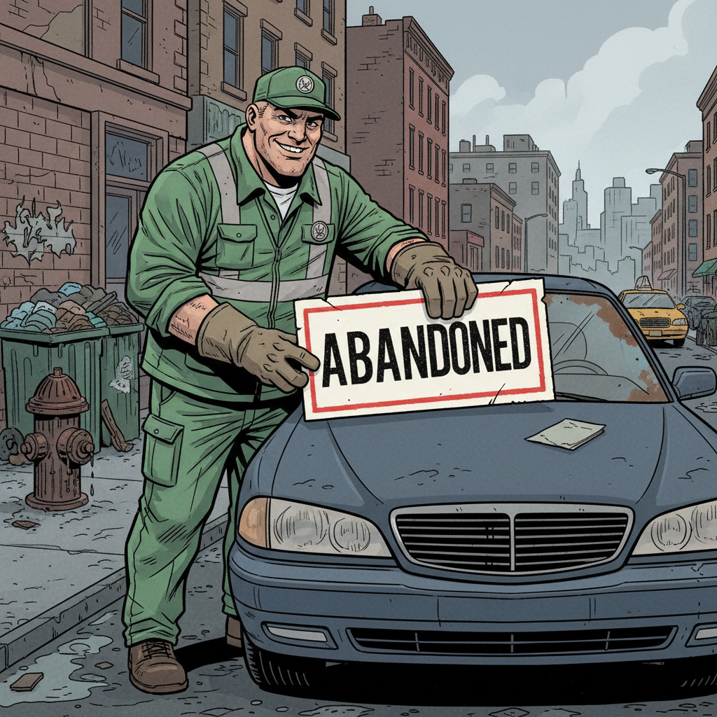 Sanitation worker placing abandoned notice on car